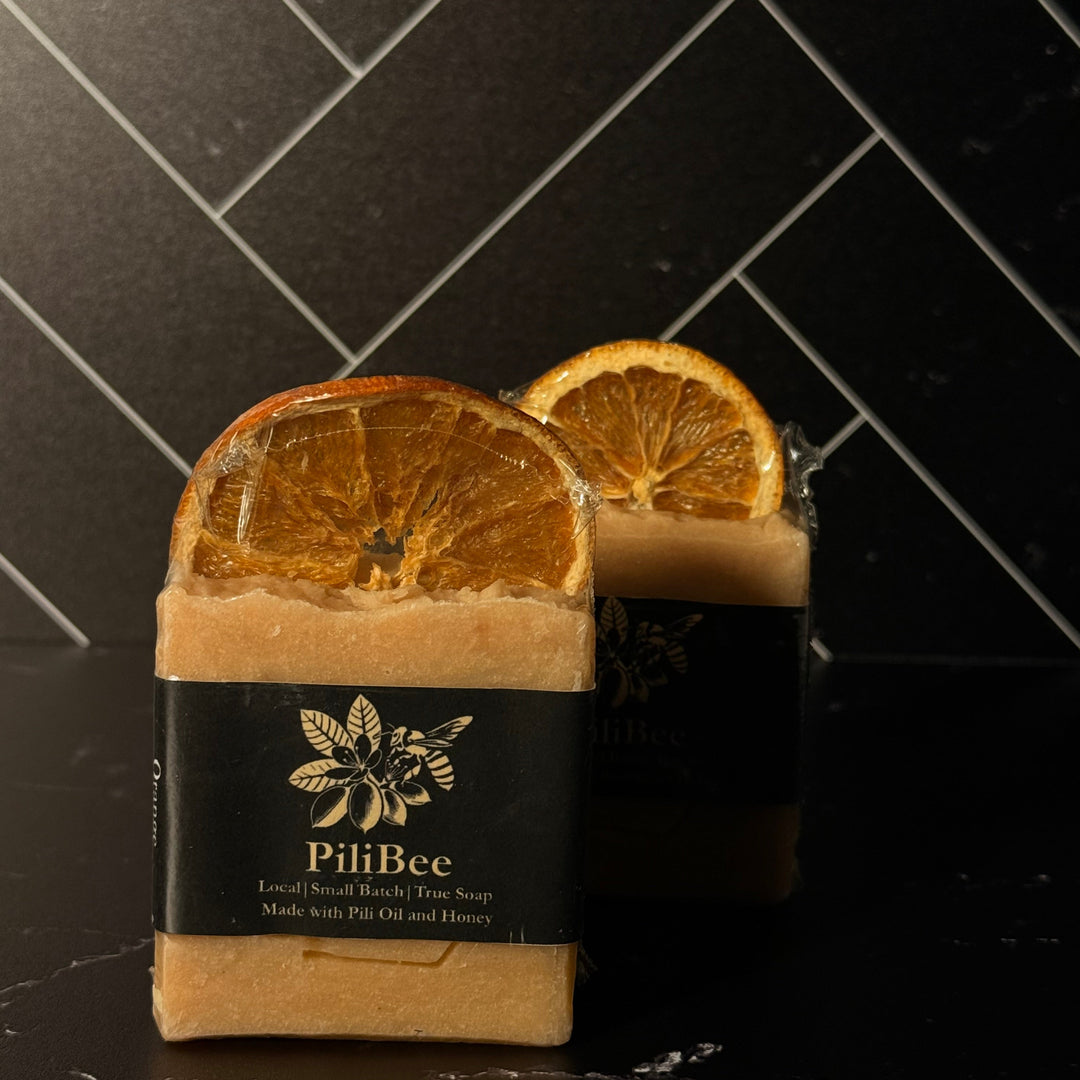 Bar of soap with a dried orange slice on a black tiled surface