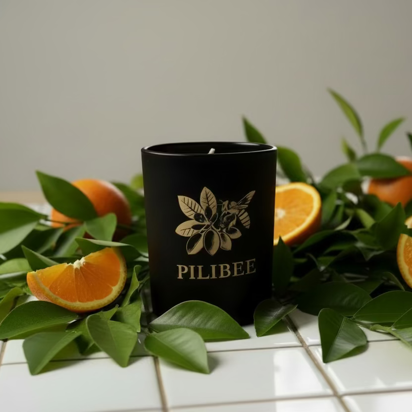 Black candle with gold 'Pilibee' logo on a marble surface