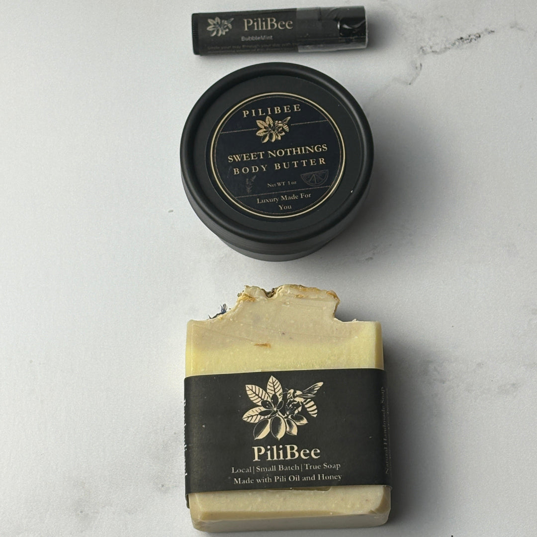 Three skincare products on a marble surface with 'PiliBee' branding.