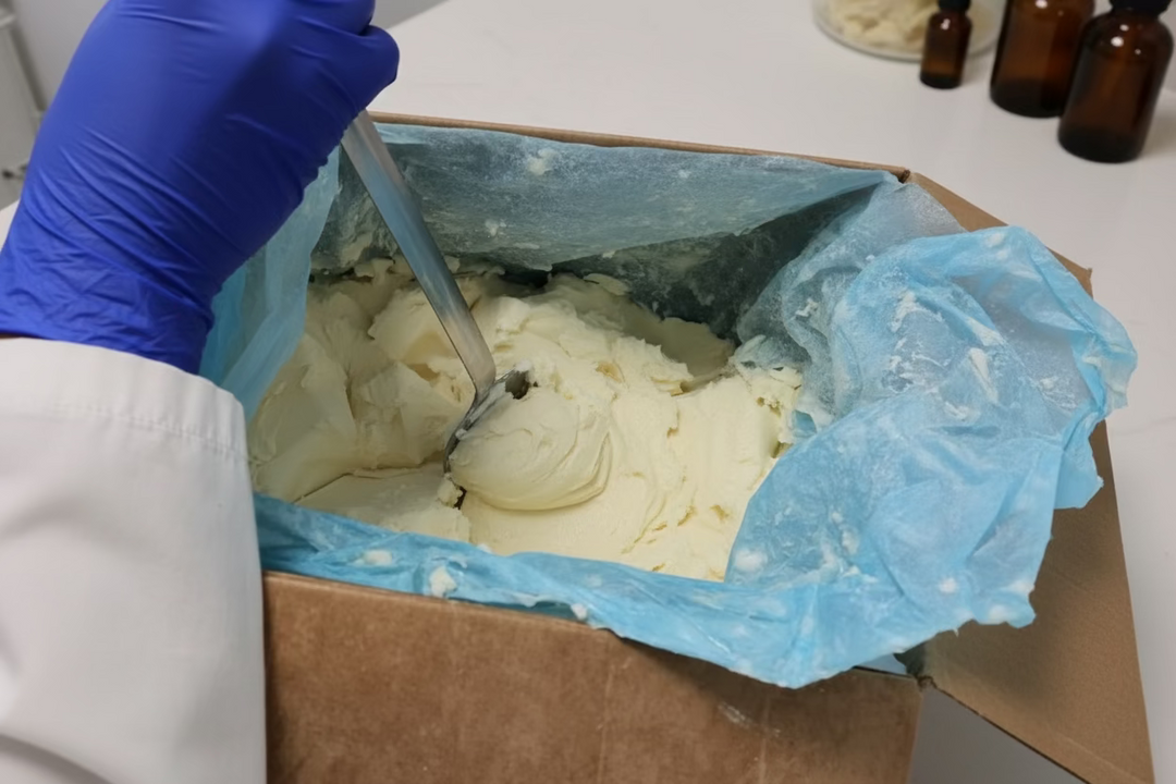 Person wearing a blue glove holding a blue plastic bag over a cardboard box with a metal object inside. - shea butter inside 