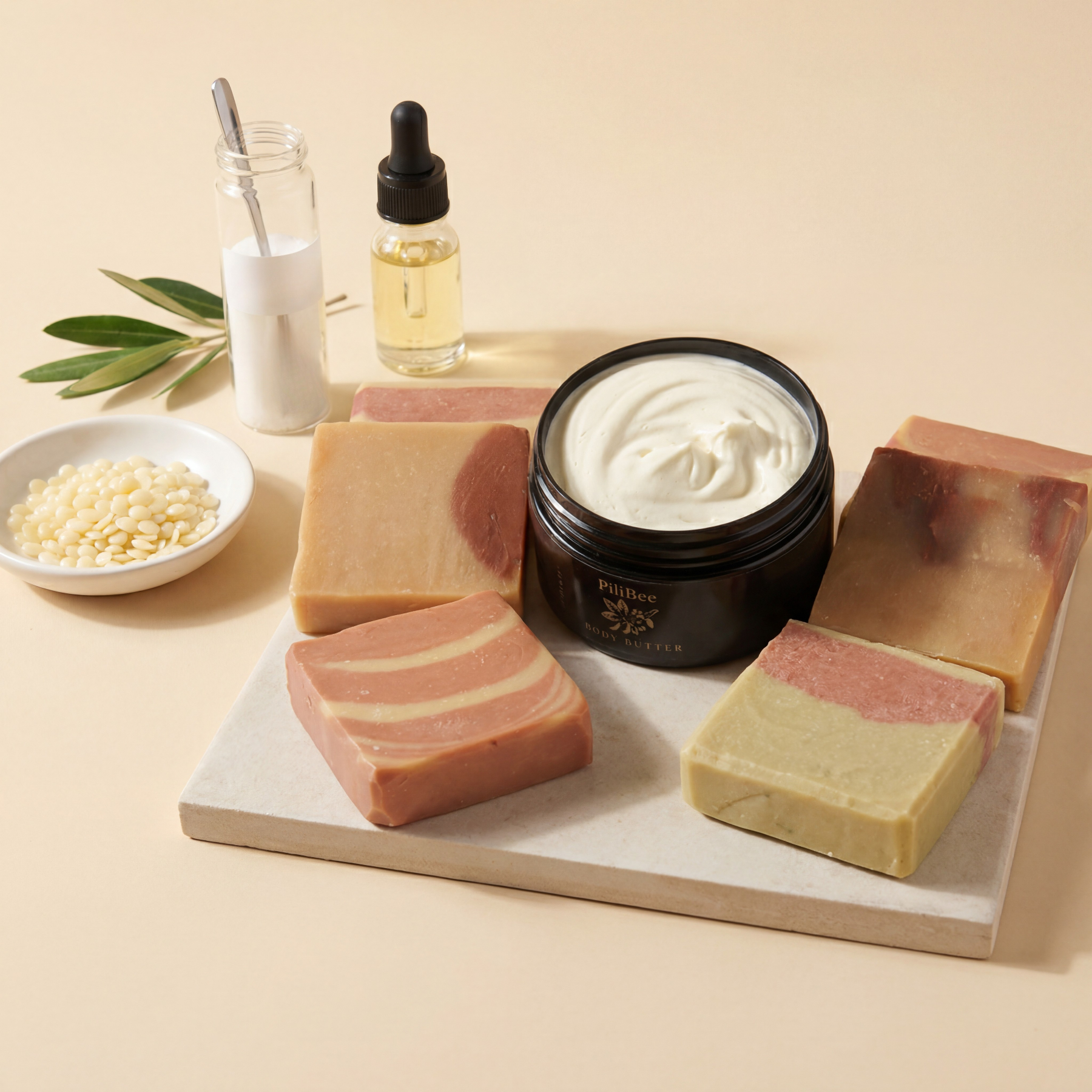 Assorted skincare products including soaps, cream, and oil on a beige background, 