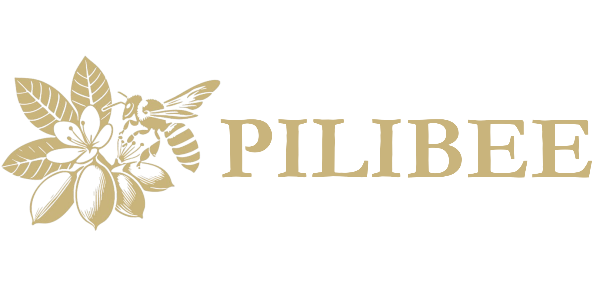 Gold 'PILIBEE' logo with floral design on a white background