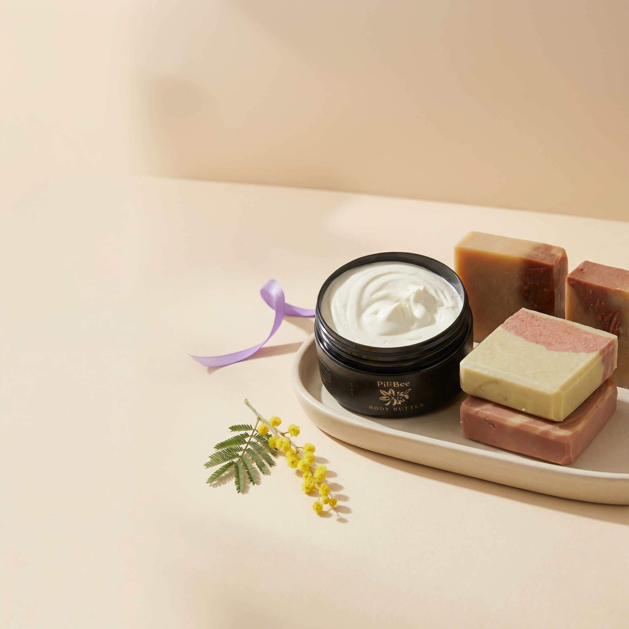 Jar of cream and soap bars on a tray with a light background